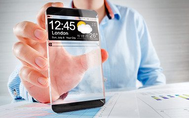 Image showing Smartphone with transparent screen in human hands.