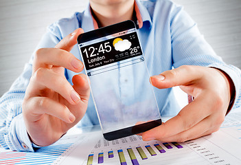 Image showing Smartphone with transparent screen in human hands.