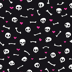 Image showing Cartoon Skulls with Hearts on Black Background Seamless Pattern