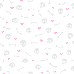 Image showing Cartoon Skulls with Hearts on White Background Seamless Pattern