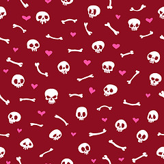 Image showing Cartoon Skulls with Hearts on Red Background Seamless Pattern