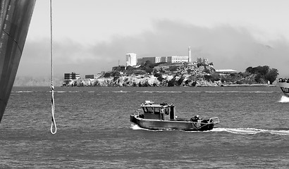 Image showing Boats Churn Bay Water Fisherman's Wharf Alcatraz Island San Fran