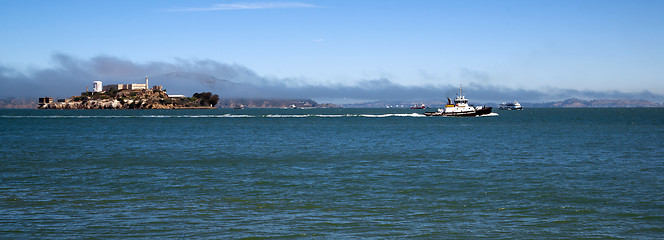 Image showing Boats Churn Bay Water Tug Boat Ferry Alcatraz Island San Francis