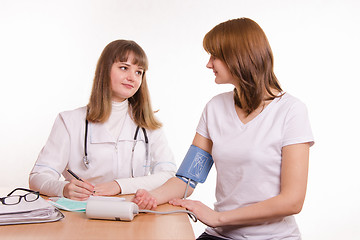 Image showing The doctor measures pressure to the patient