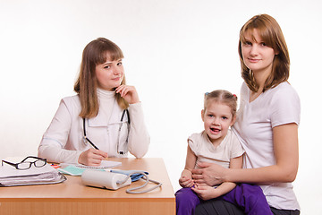 Image showing Pediatrician, the child and his mother are sitting at the desk in the office