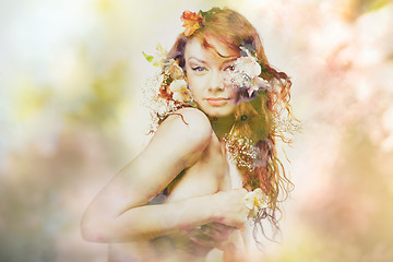 Image showing double exposure portrait of young woman in flowers