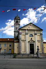 Image showing in  the sumirago  old   church  brick tower sidewalk italy  lomb