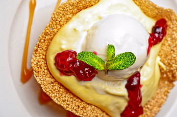 Image showing cake with jam ice cream