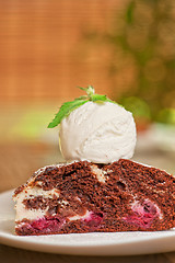 Image showing chocolate cake with jam ice cream