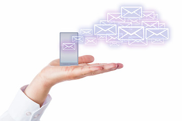 Image showing Emails Leaving Cell Phone In A Palm For The Cloud