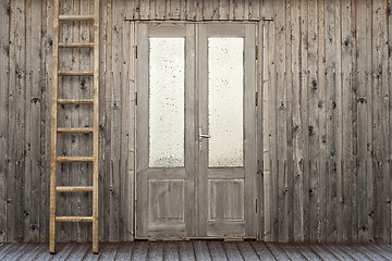 Image showing door with frosty window of plank house