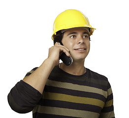 Image showing Handsome Hispanic Contractor with Hard Hat Isolated on White