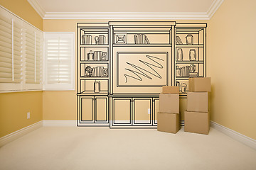 Image showing Boxes in Empty Room with Shelf Design Drawing on Wall