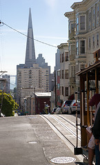 Image showing Trolley Travels Rails Street Downtown San Francisco California 