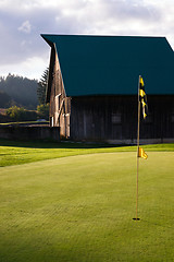 Image showing Cloudy Sky Over Rural Barn County Golf Course