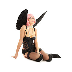 Image showing black lingerie angel with pink hair