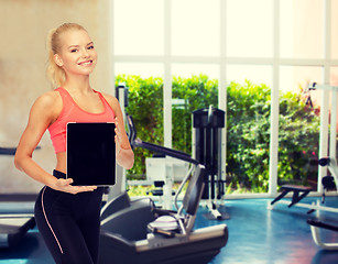 Image showing smiling woman showing tablet pc blank screen