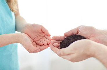 Image showing close up of father and girl hands holding sprout