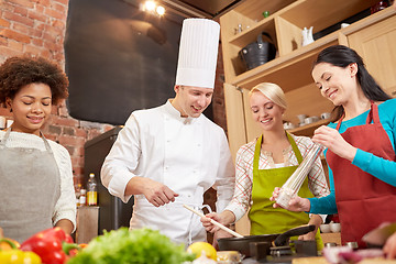 Image showing happy women and chef cook cooking in kitchen