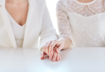 Image showing close up of happy married lesbian couple hands