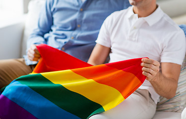 Image showing close up of male gay couple holding rainbow flag