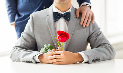 Image showing close up of male gay couple with wedding rings on