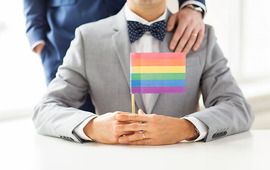 Image showing close up of male gay couple holding rainbow flag