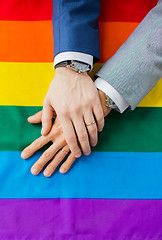 Image showing close up of male gay couple hands on rainbow flag