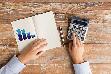 Image showing close up of hands with calculator and notebook