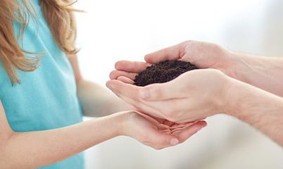 Image showing close up of father and girl hands holding sprout