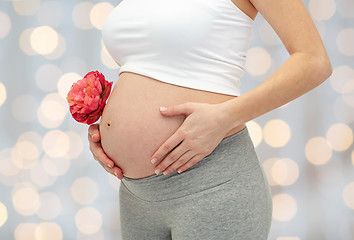 Image showing close up of pregnant woman touching her bare tummy