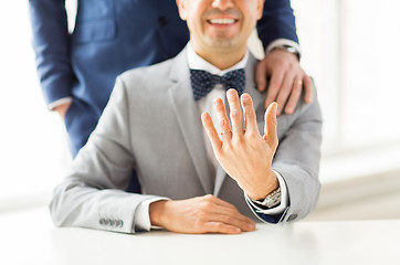 Image showing close up of male gay couple with wedding rings on