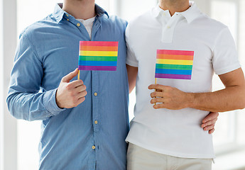 Image showing close up of male gay couple holding rainbow flags