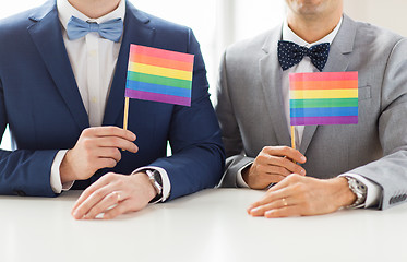 Image showing close up of male gay couple holding rainbow flags