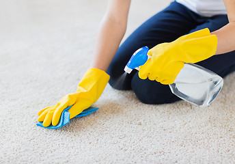 Image showing close up of woman with cloth cleaning carpet