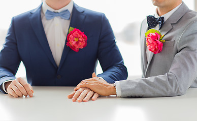 Image showing close up of happy male gay couple holding hands