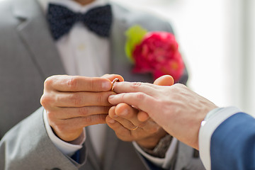Image showing close up of male gay couple hands and wedding ring