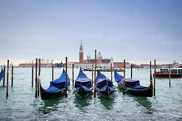 Image showing Gondolas in water with view of San Giorgio Maggiore