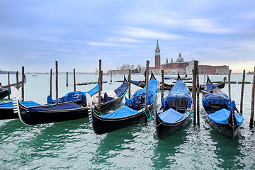 Image showing Gondolas moored in front of San Giorgio Maggiore