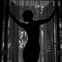 Image showing Outlines of a beautiful woman standing by door