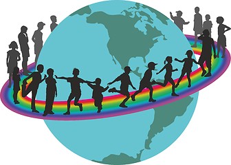 Image showing Children on rainbow around the earth
