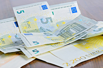 Image showing Close-up of 5 Euro banknotes
