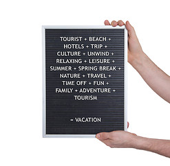 Image showing Vacation concept in plastic letters on very old menu board