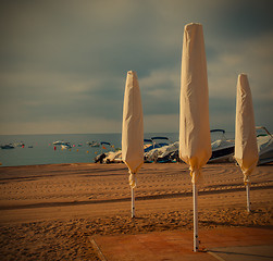Image showing beach, folded umbrellas, early morning