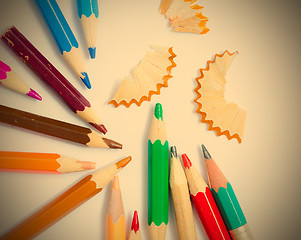 Image showing pencils and shavings on white background with copy space, close 