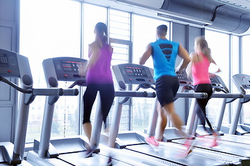 Image showing Group of people running on treadmills