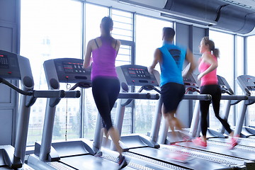 Image showing Group of people running on treadmills