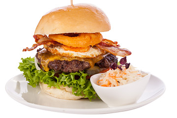 Image showing Delicious egg and bacon cheeseburger