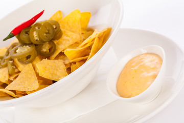 Image showing Nachos with cheese sauce and chilli pepperoni