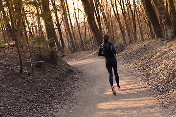 Image showing Female runner in the forest. 